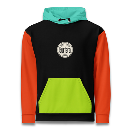Hoodie Color Block Surfera vista frontal negro naranja verde