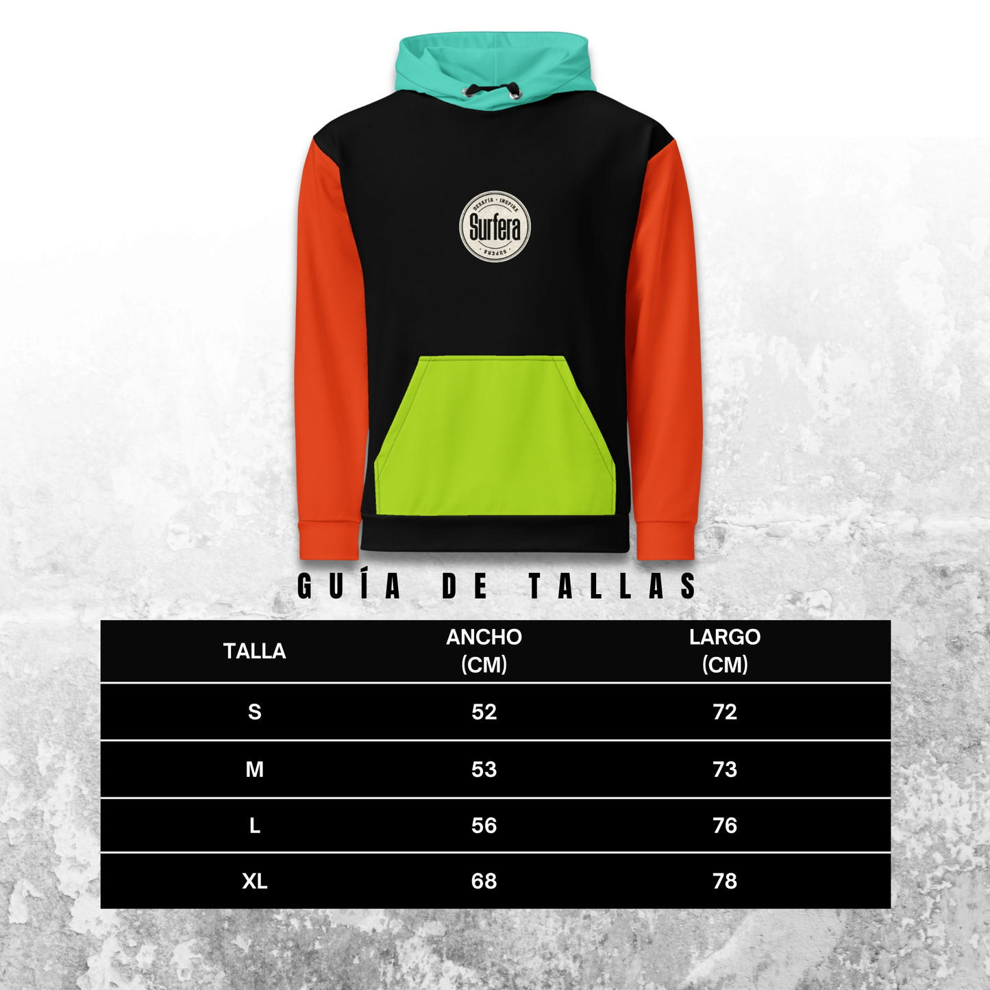 Guía de tallas Hoodie Color Block Surfera
