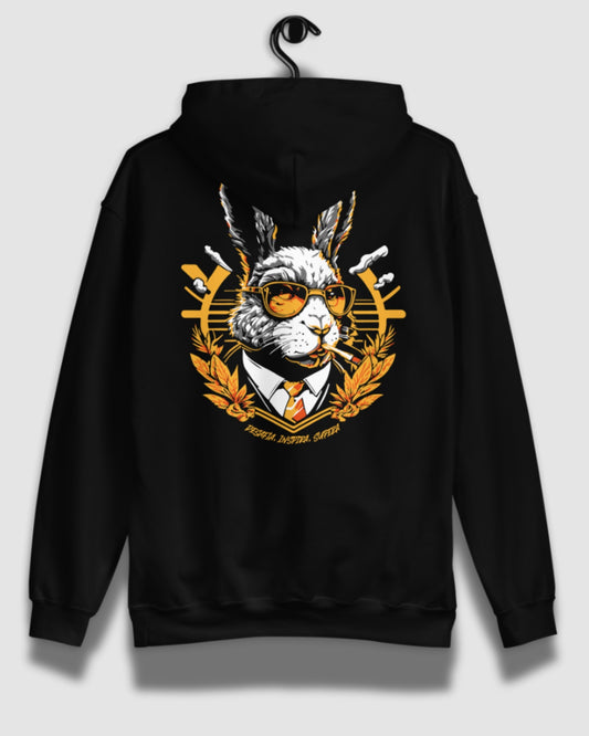 Hoodie WildRabbit negra con gráfico de conejo urbano estilo streetwear Surfera