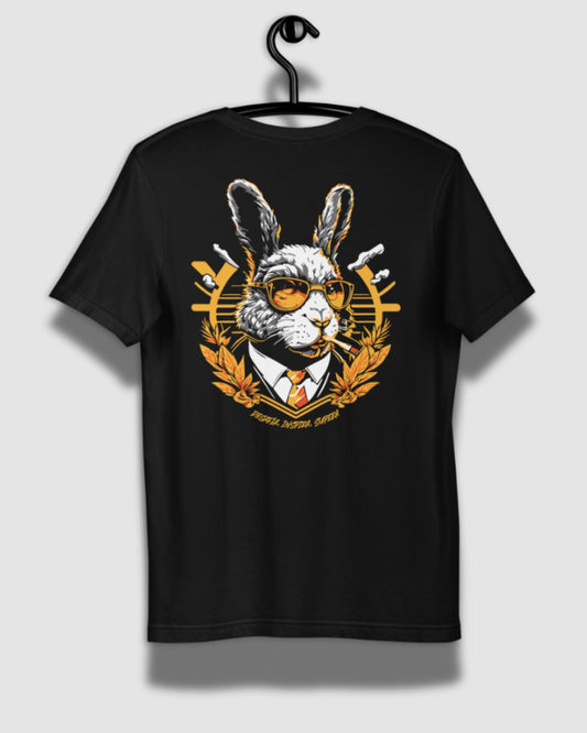 Playera WildRabbit negra con gráfico de conejo rebelde estilo urbano Surfera